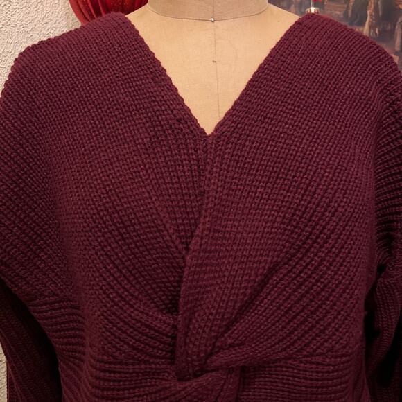 Burgandy Ribbed Long Sleeve V-neck Twist Knot Tunic Mini Sweater Dress Size S - Picture 3 of 9